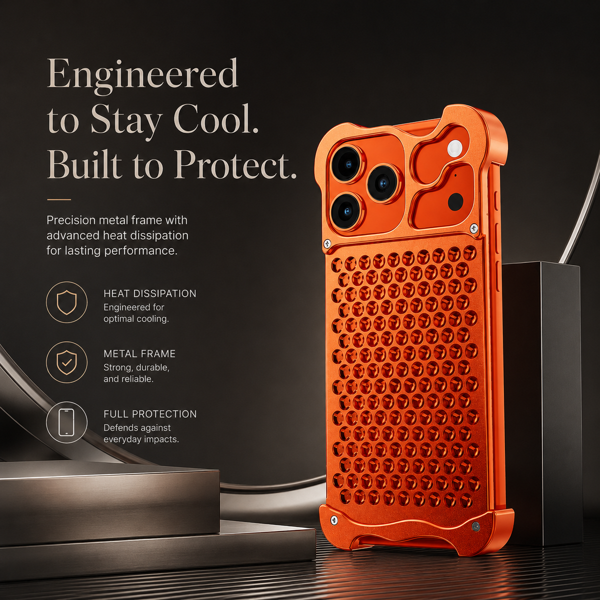Premium iPhone Case Aluminum Alloy Borderless Frame Honeycomb Heat Dissipation Shockproof Metal Bumper Anti Scratch Non Slip Lightweight Protective Cover