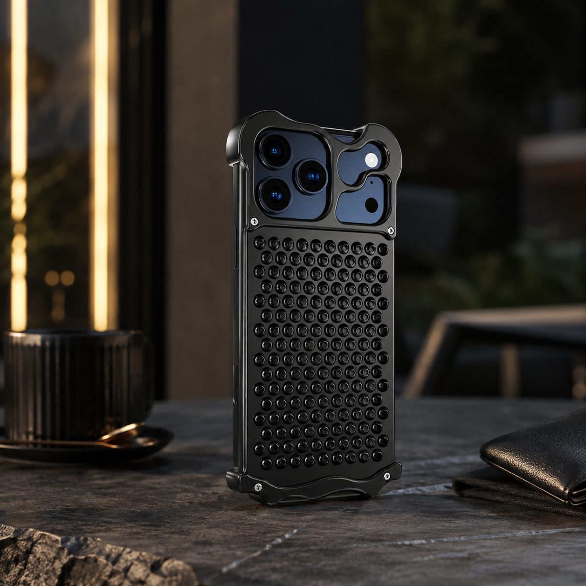 Premium iPhone Case Aluminum Alloy Borderless Frame Honeycomb Heat Dissipation Shockproof Metal Bumper Anti Scratch Non Slip Lightweight Protective Cover