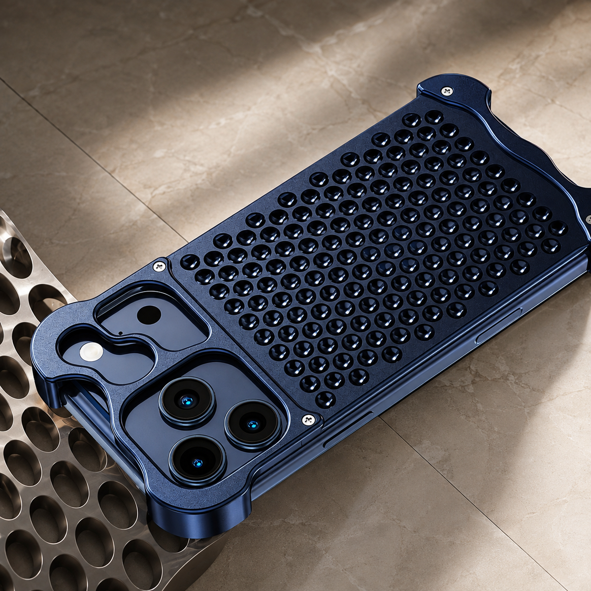 Premium iPhone Case Aluminum Alloy Borderless Frame Honeycomb Heat Dissipation Shockproof Metal Bumper Anti Scratch Non Slip Lightweight Protective Cover