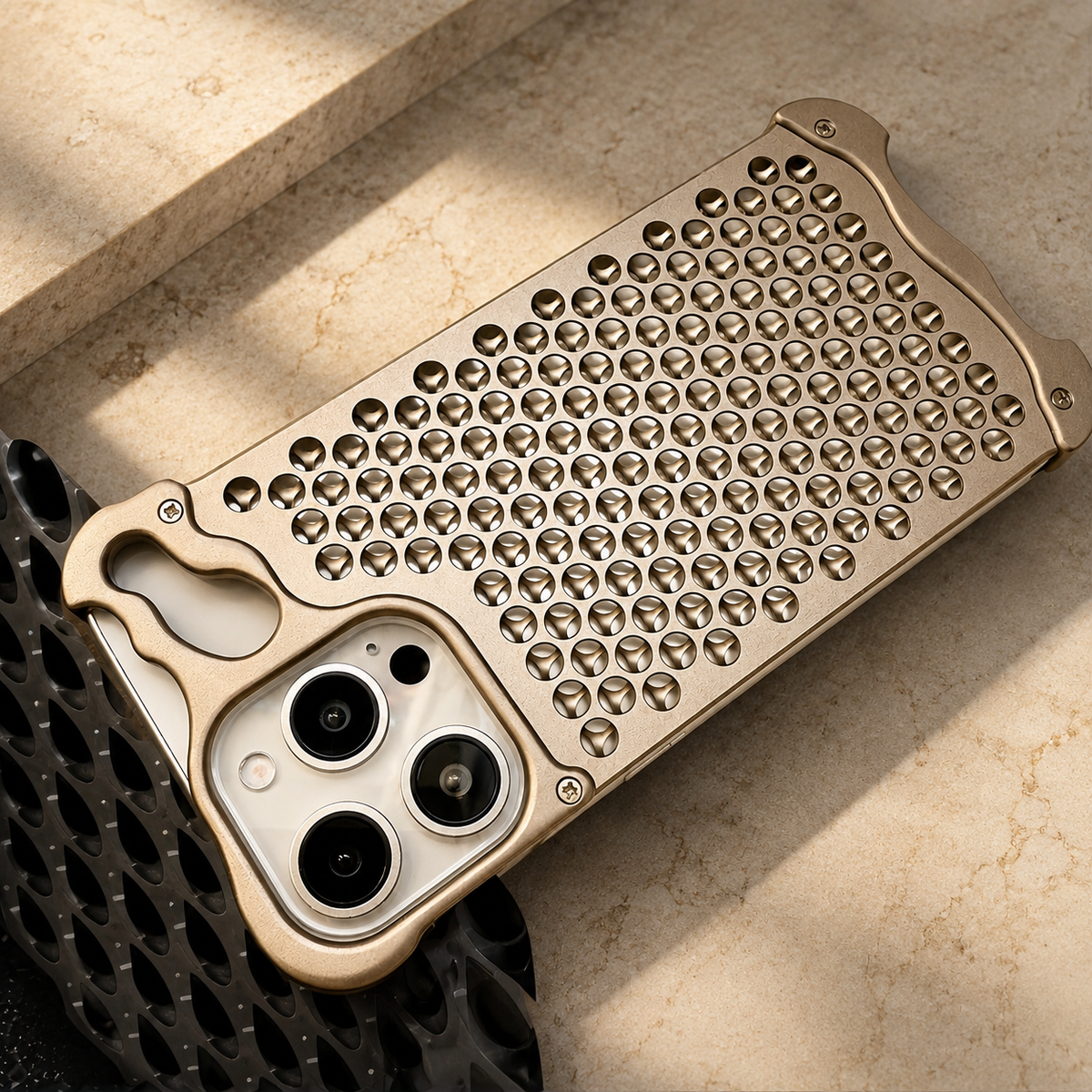 Premium iPhone Case Aluminum Alloy Borderless Frame Honeycomb Heat Dissipation Shockproof Metal Bumper Anti Scratch Non Slip Lightweight Protective Cover