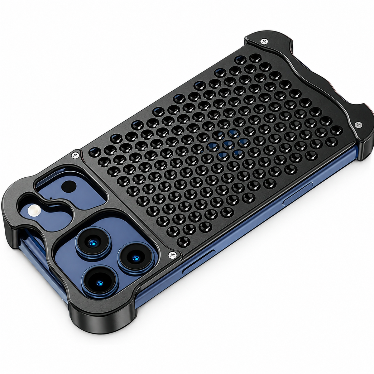 Premium iPhone Case Aluminum Alloy Borderless Frame Honeycomb Heat Dissipation Shockproof Metal Bumper Anti Scratch Non Slip Lightweight Protective Cover