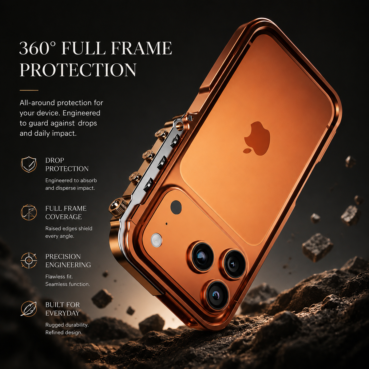 Premium iPhone Case Aluminum Alloy Mechanical Bumper Shockproof Metal Frame Heavy Duty Corner Protection Cyberpunk Industrial Slim Cover