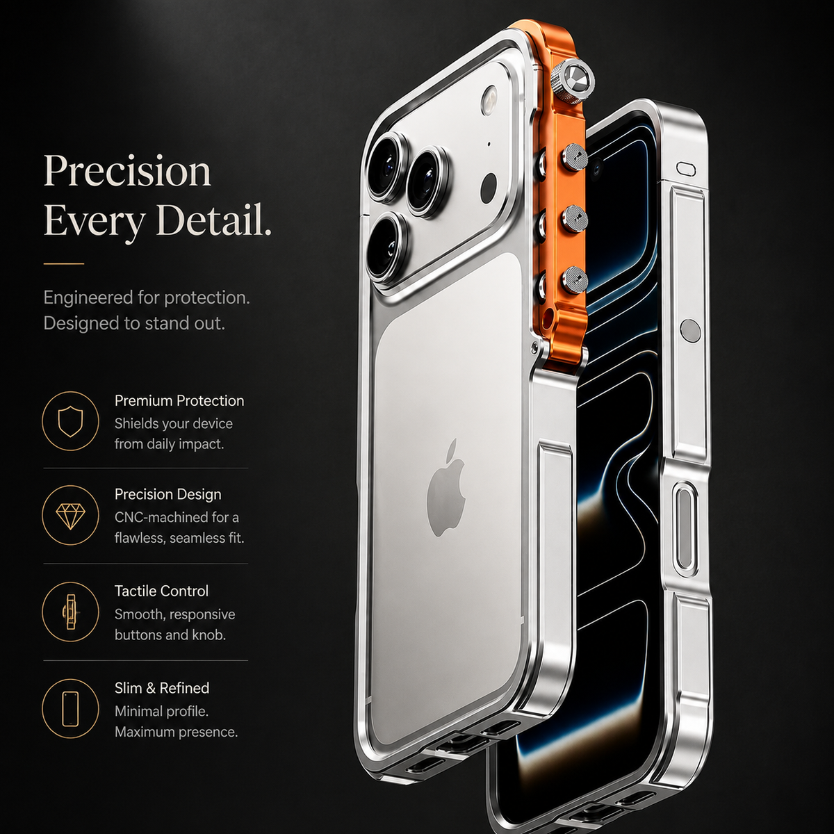 Premium iPhone Case Aluminum Alloy Mechanical Bumper Shockproof Metal Frame Heavy Duty Corner Protection Cyberpunk Industrial Slim Cover