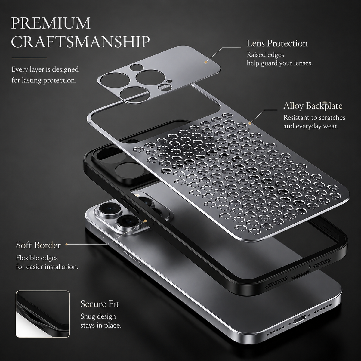 Premium iPhone Case Aluminum Alloy Metal Frame Breathable Protective Cover Anti Fingerprint Scratch Resistant Slim Lightweight Durable Design