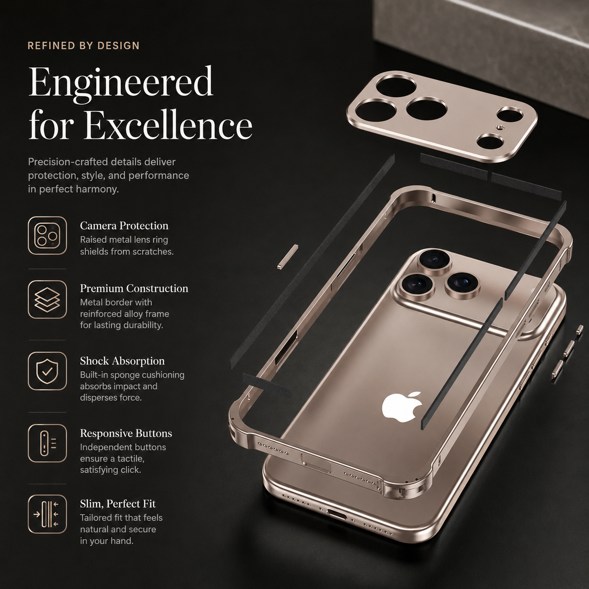 Premium iPhone Case Aluminum Alloy Metal Frame Bumper Camera Lens Protection Shockproof Slim Lightweight Reinforced Edge Protective Cover Original Finish