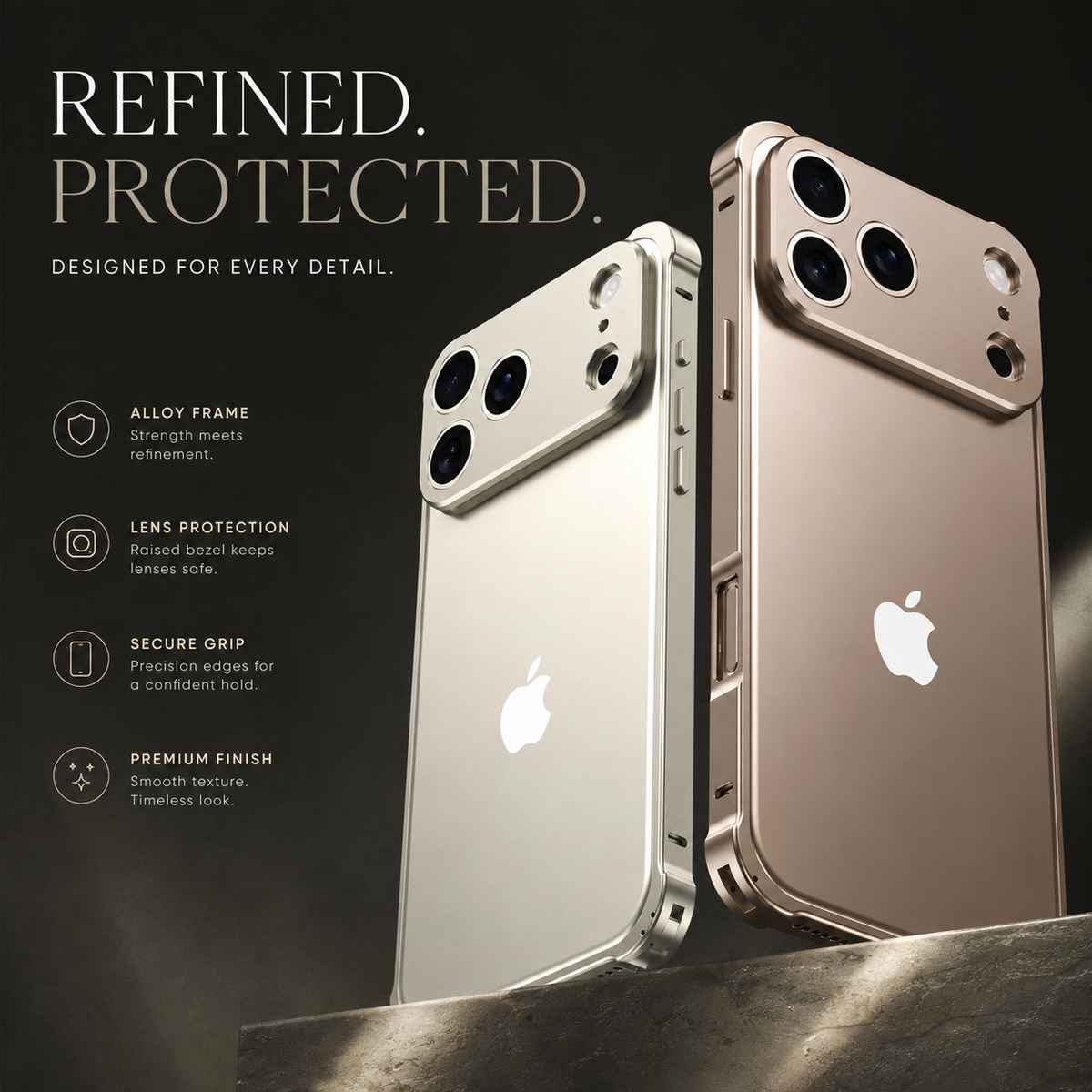 Premium iPhone Case Aluminum Alloy Metal Frame Bumper Camera Lens Protection Shockproof Slim Lightweight Reinforced Edge Protective Cover Original Finish