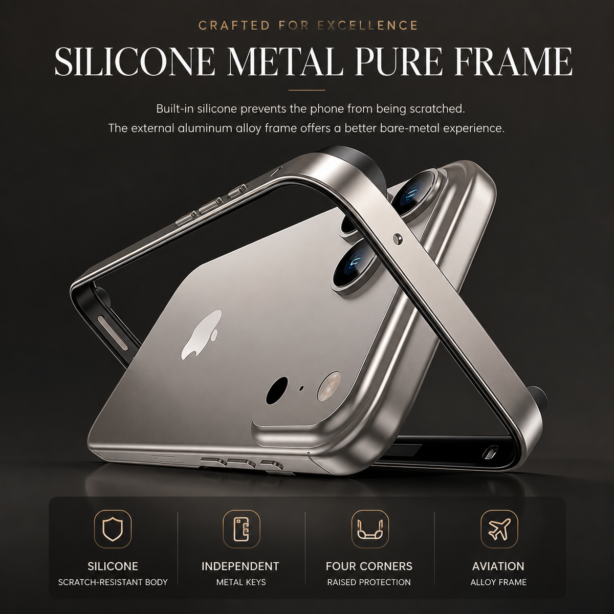 Premium iPhone Case Aluminum Alloy Silicone Hybrid Bumper Heat Dissipation Metal Frame Anti Scratch Anti Fingerprint Slim Protective Cover