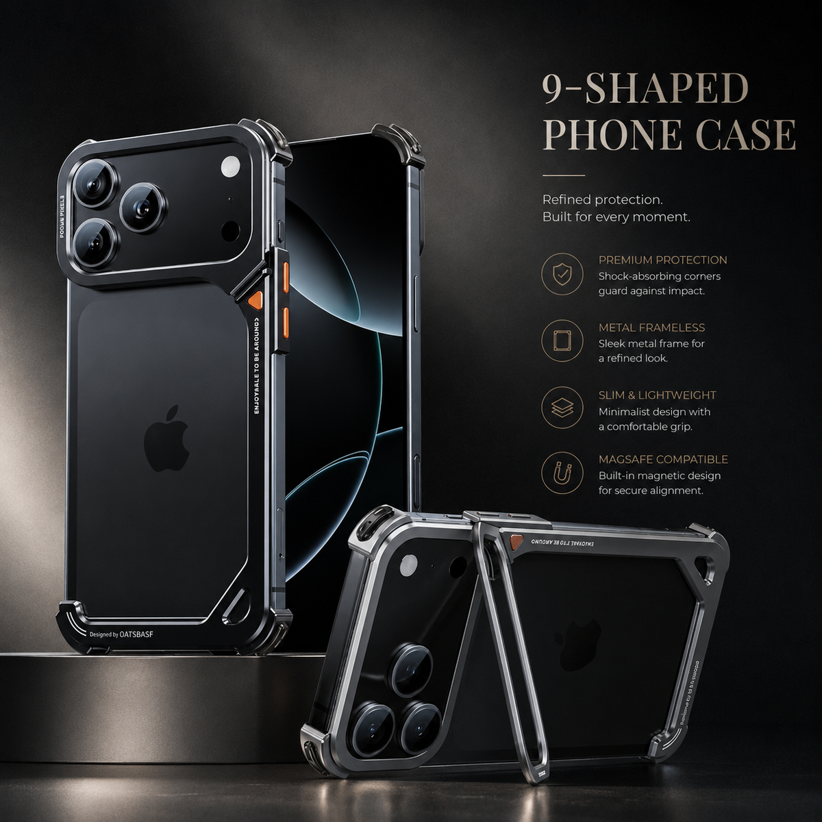Premium iPhone Case Aluminum Frame MagSafe Compatible Lens Holder Wireless Charging Slim Metal Shockproof Anti Scratch Non Slip Protective Design