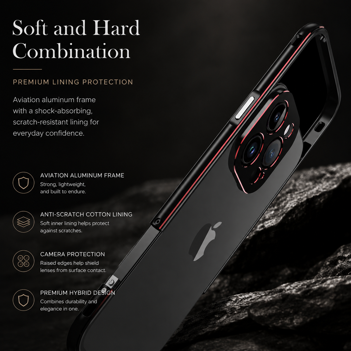 Premium iPhone Case Aluminum Metal Bumper Camera Protector Shockproof Heavy Duty Anti Scratch Slim Protective Frame Corner Cover Lightweight Design