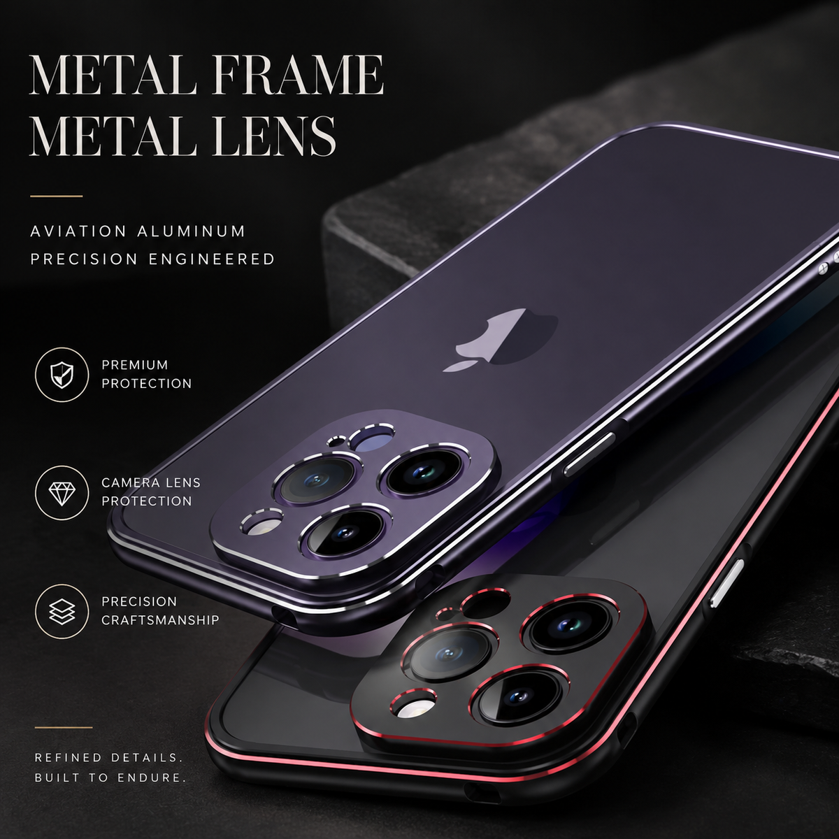 Premium iPhone Case Aluminum Metal Bumper Camera Protector Shockproof Heavy Duty Anti Scratch Slim Protective Frame Corner Cover Lightweight Design
