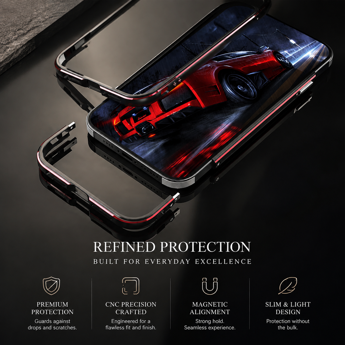 Premium iPhone Case Aluminum Metal Bumper Camera Protector Shockproof Heavy Duty Anti Scratch Slim Protective Frame Corner Cover Lightweight Design