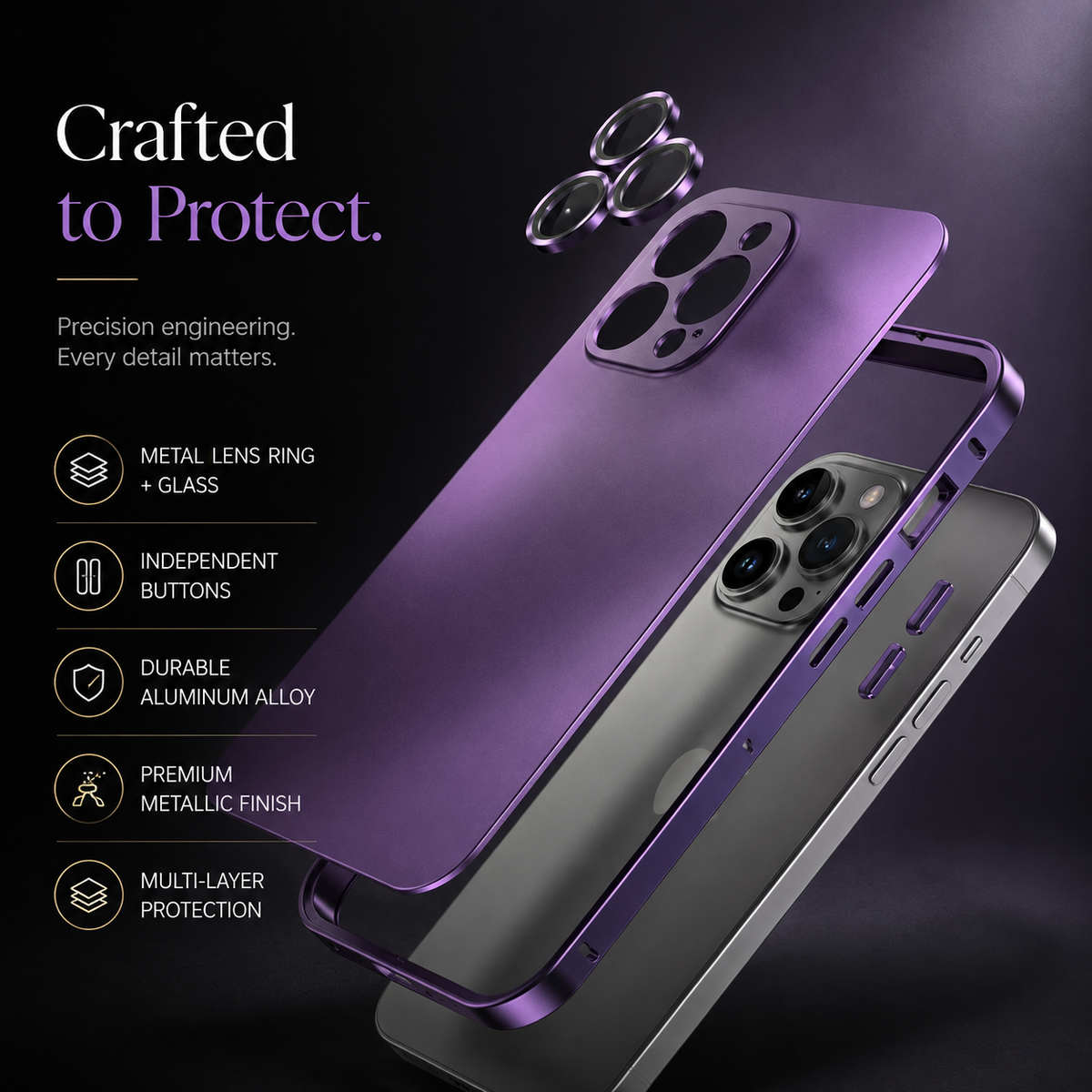 Premium iPhone Case Aluminum Metal Frame Shockproof PC Back Camera Lens Protection Slim Lightweight Protective Cover Wireless Charging Case
