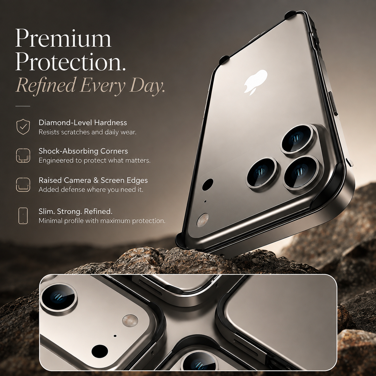Premium iPhone Case Aluminum Metal Frame Silicone Bumper Shockproof Protective Cover Rugged Edge Protection Anti Scratch Slim Durable Design