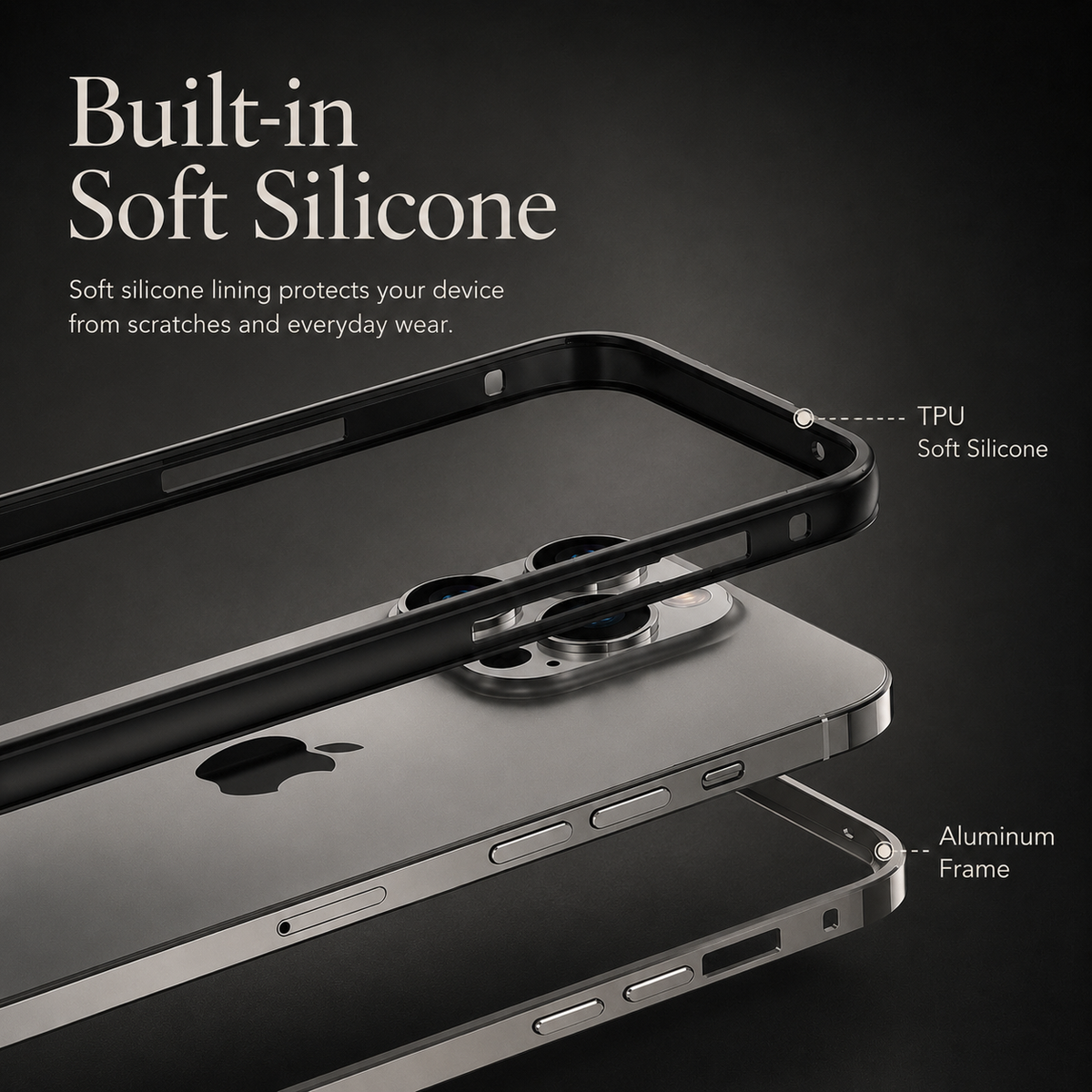 Premium iPhone Case Aluminum Metal Frame Silicone Bumper Shockproof Protective Cover Rugged Edge Protection Anti Scratch Slim Durable Design