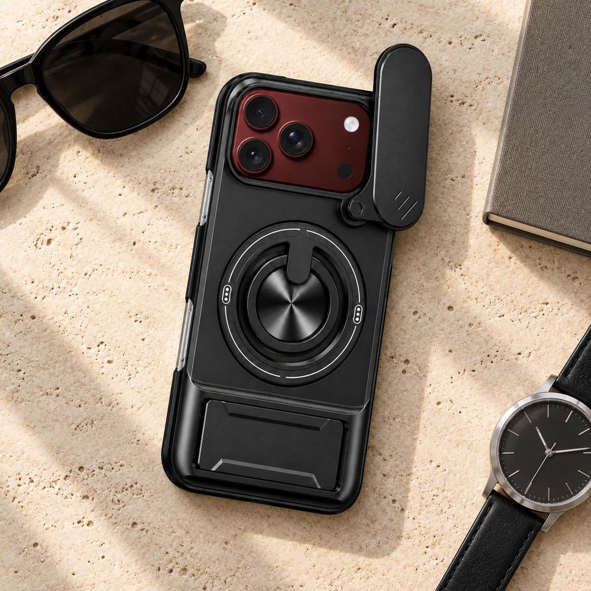 Premium iPhone Case Armor Slide Lens Protector Magnetic Car Holder Ring Stand Shockproof Tough Anti Drop Durable Slim Protective Phone Cover Shell Case