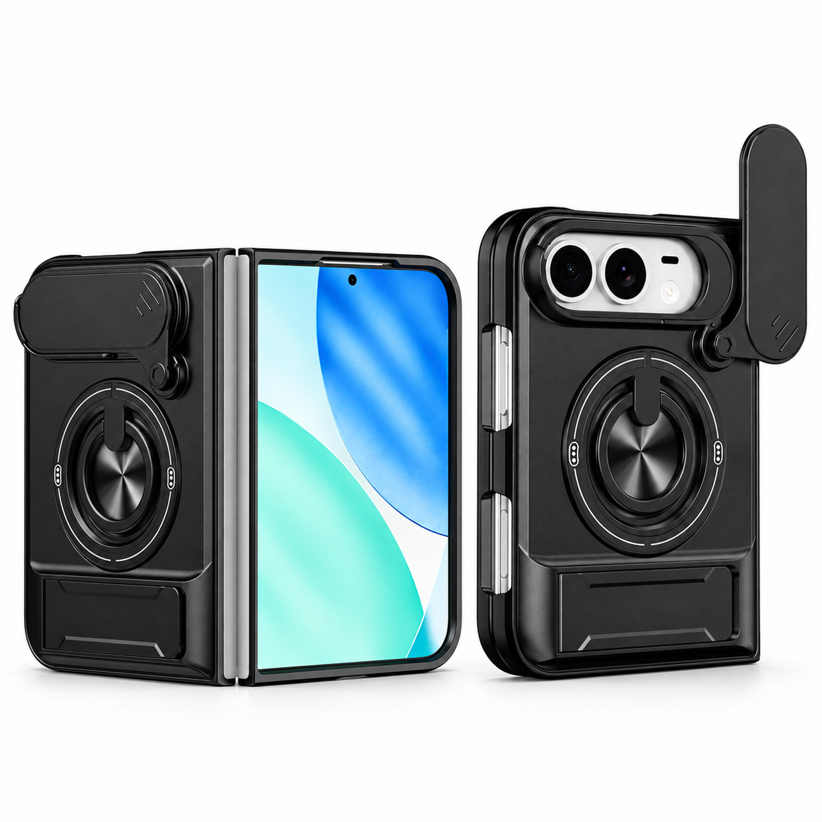 Premium iPhone Case Armor Slide Lens Protector Magnetic Car Holder Ring Stand Shockproof Tough Anti Drop Durable Slim Protective Phone Cover Shell Case