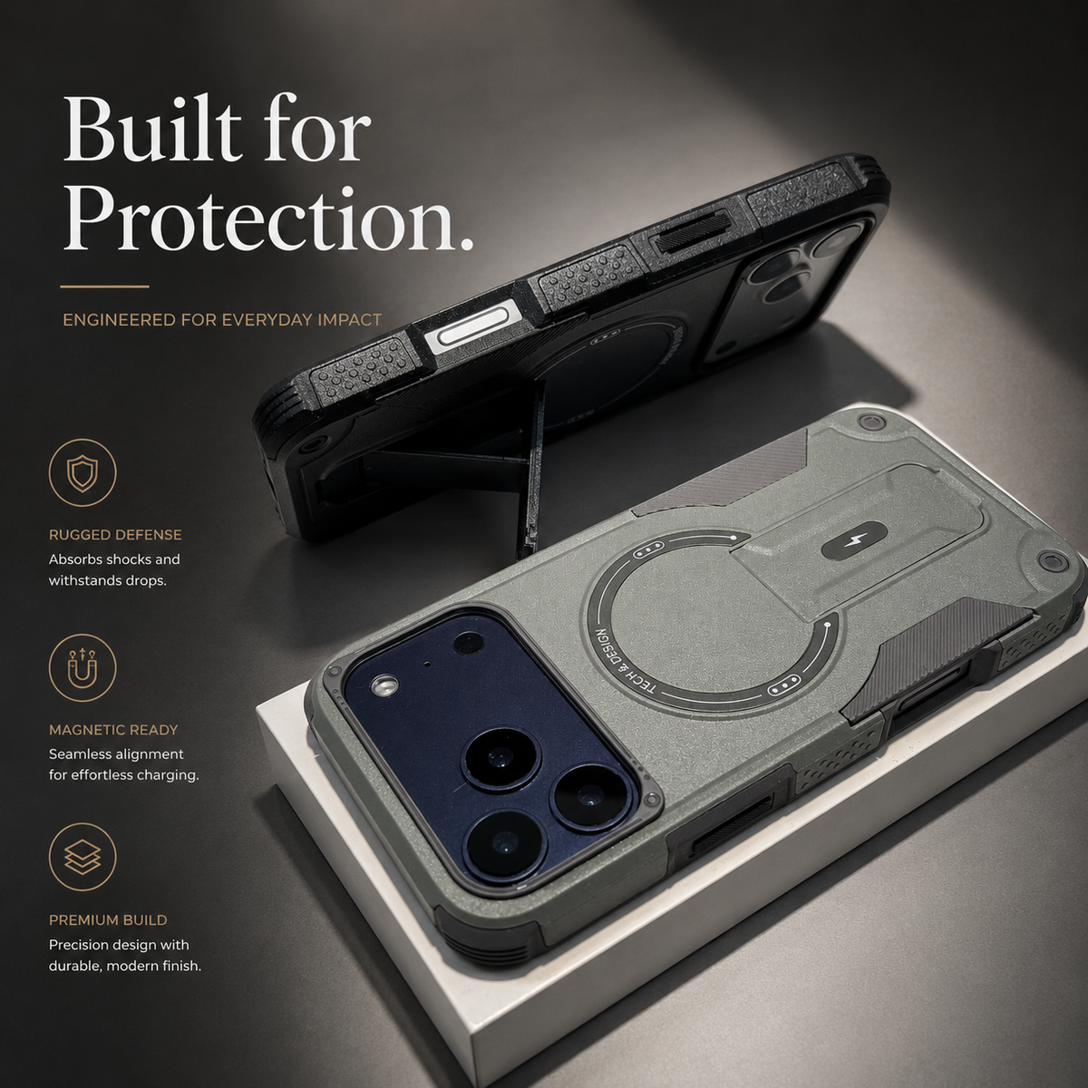 Premium iPhone Case Armored Shockproof Protective Cover Foldable Kickstand Wireless Charging Hard Bumper Silicone Slim Rugged Full Coverage Case