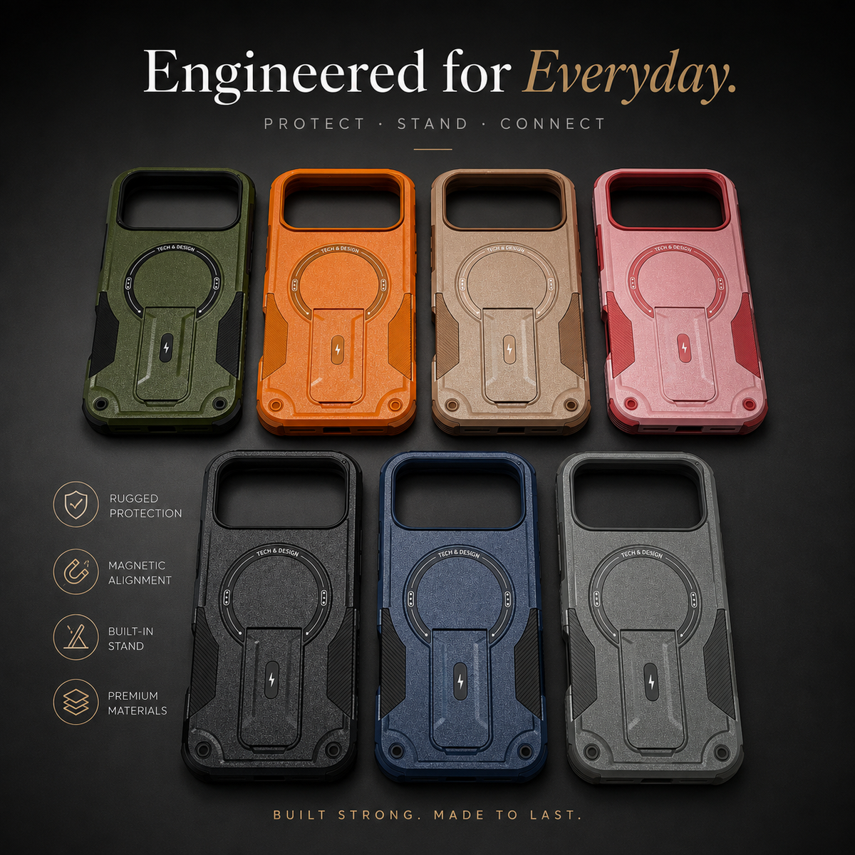 Premium iPhone Case Armored Shockproof Protective Cover Foldable Kickstand Wireless Charging Hard Bumper Silicone Slim Rugged Full Coverage Case