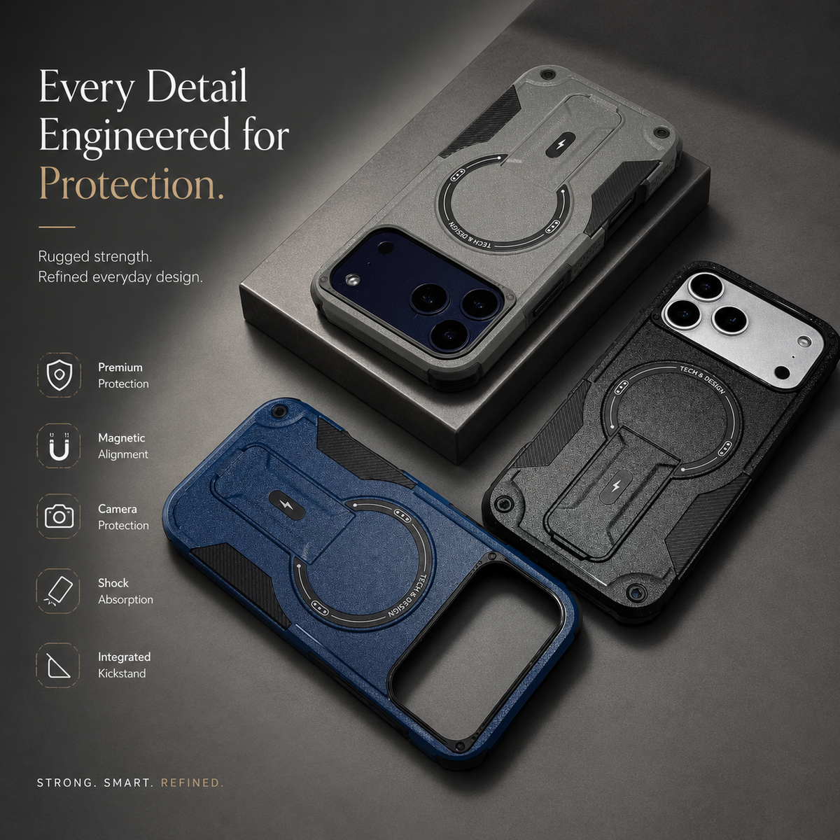 Premium iPhone Case Armored Shockproof Protective Cover Foldable Kickstand Wireless Charging Hard Bumper Silicone Slim Rugged Full Coverage Case