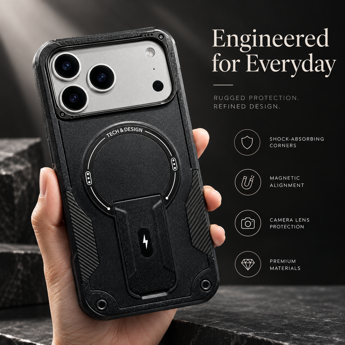Premium iPhone Case Armored Shockproof Protective Cover Foldable Kickstand Wireless Charging Hard Bumper Silicone Slim Rugged Full Coverage Case