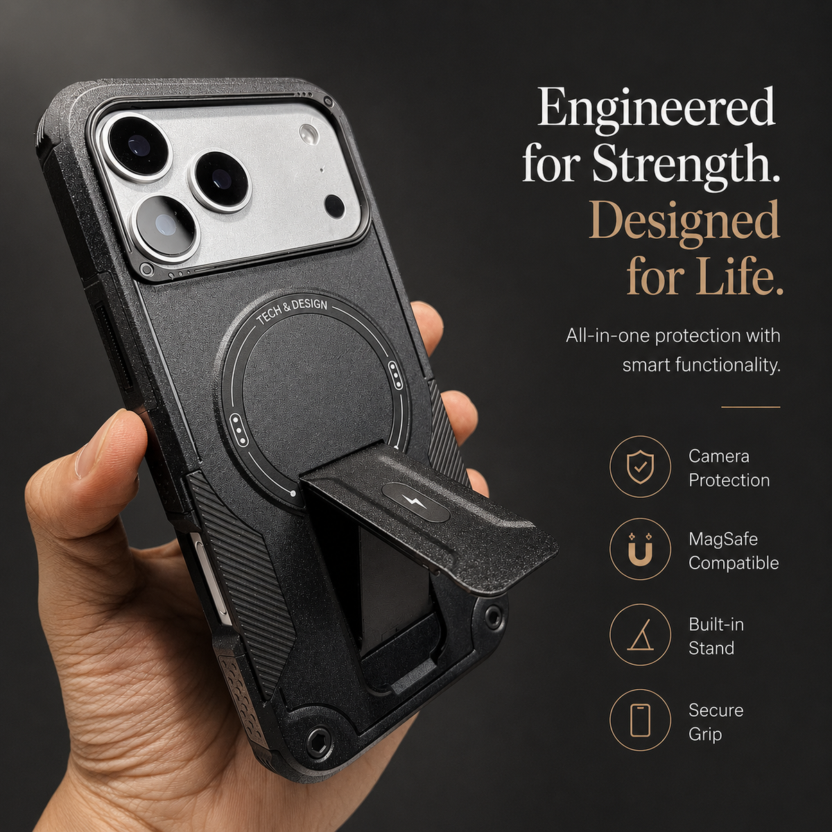 Premium iPhone Case Armored Shockproof Protective Cover Foldable Kickstand Wireless Charging Hard Bumper Silicone Slim Rugged Full Coverage Case