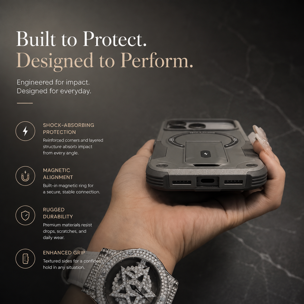 Premium iPhone Case Armored Shockproof Protective Cover Foldable Kickstand Wireless Charging Hard Bumper Silicone Slim Rugged Full Coverage Case