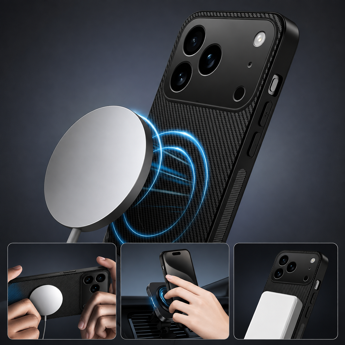 Premium iPhone Case Carbon Fiber Magnetic Shockproof Military Grade Ultrathin Protective Cover MagSafe Compatible Anti Scratch Lightweight Design Case