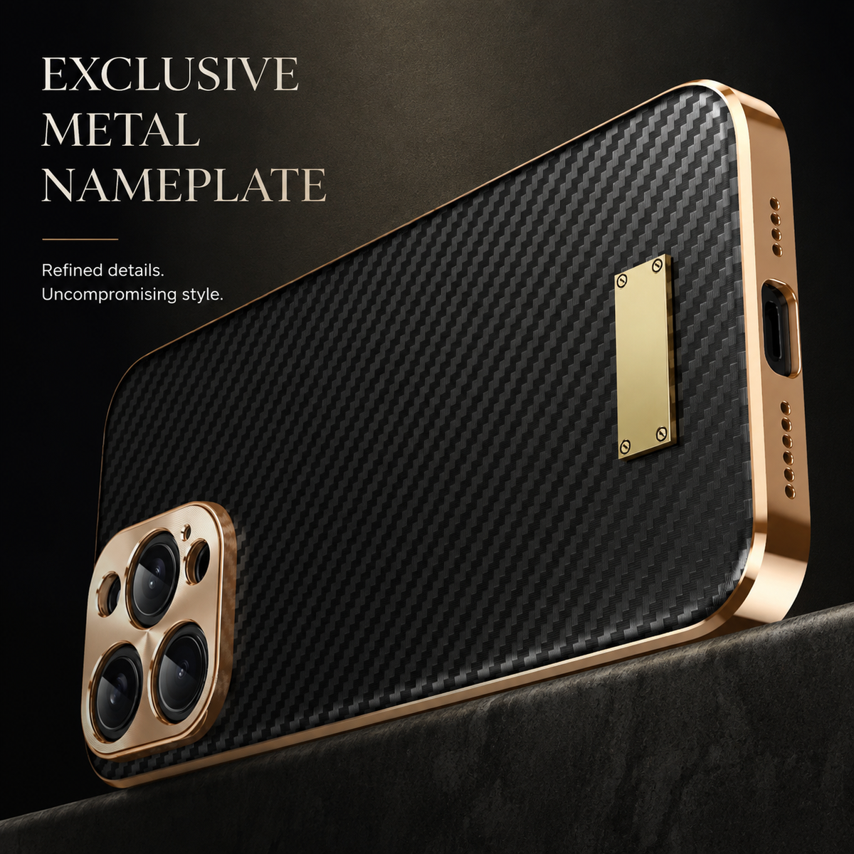 Premium iPhone Case Carbon Fiber Textured Leather Alloy Metal Camera Guard Shockproof Wireless Charging Slim Protective Cover Durable Modern Design