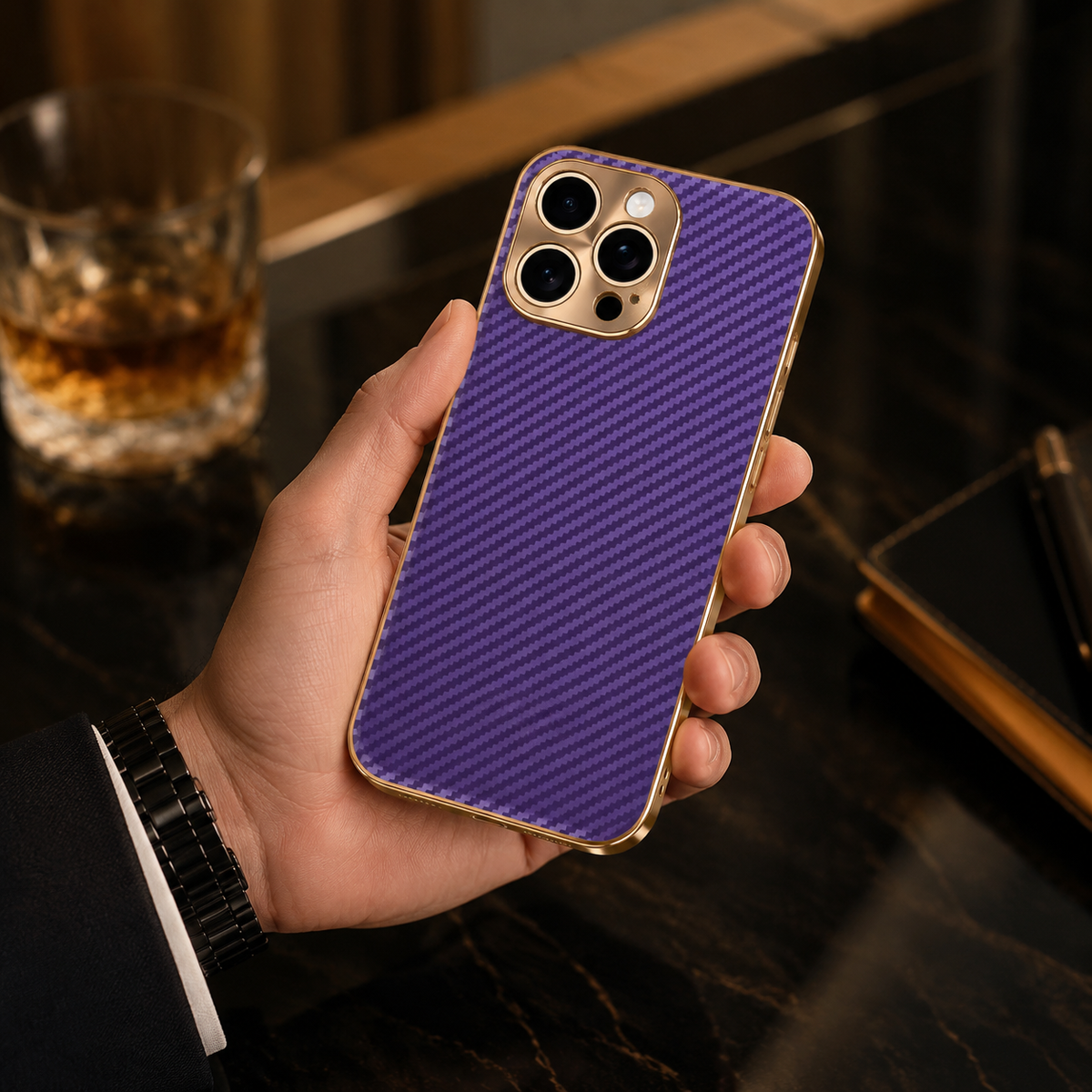 Premium iPhone Case Carbon Fiber Textured Leather Alloy Metal Camera Guard Shockproof Wireless Charging Slim Protective Cover Durable Modern Design