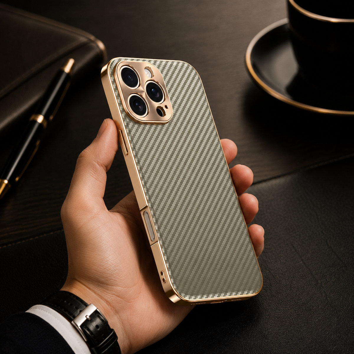 Premium iPhone Case Carbon Fiber Textured Leather Alloy Metal Camera Guard Shockproof Wireless Charging Slim Protective Cover Durable Modern Design