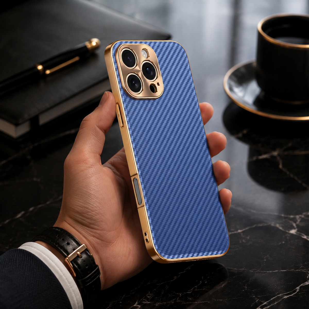 Premium iPhone Case Carbon Fiber Textured Leather Alloy Metal Camera Guard Shockproof Wireless Charging Slim Protective Cover Durable Modern Design