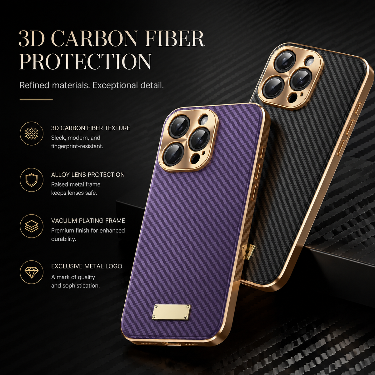 Premium iPhone Case Carbon Fiber Textured Leather Alloy Metal Camera Guard Shockproof Wireless Charging Slim Protective Cover Durable Modern Design