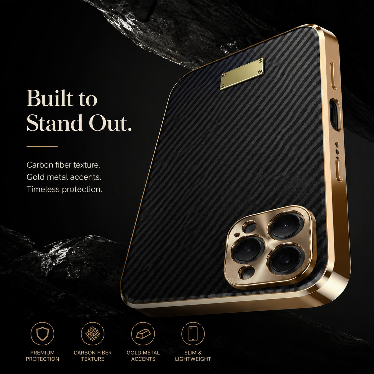 Premium iPhone Case Carbon Fiber Textured Leather Alloy Metal Camera Guard Shockproof Wireless Charging Slim Protective Cover Durable Modern Design