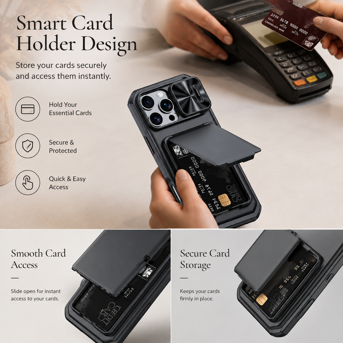 Premium iPhone Case Card Holder Wallet Anti Drop Protective Cover Shockproof Slim Hard Back Secure Card Storage Non Slip Lightweight Everyday Case