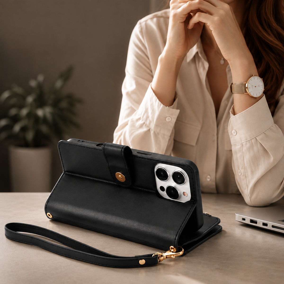 Premium iPhone Case Chain Zipper Wallet Flip Cover Card Holder Magnetic Closure Shockproof Leather Protection Kickstand Crossbody Strap Slim Design