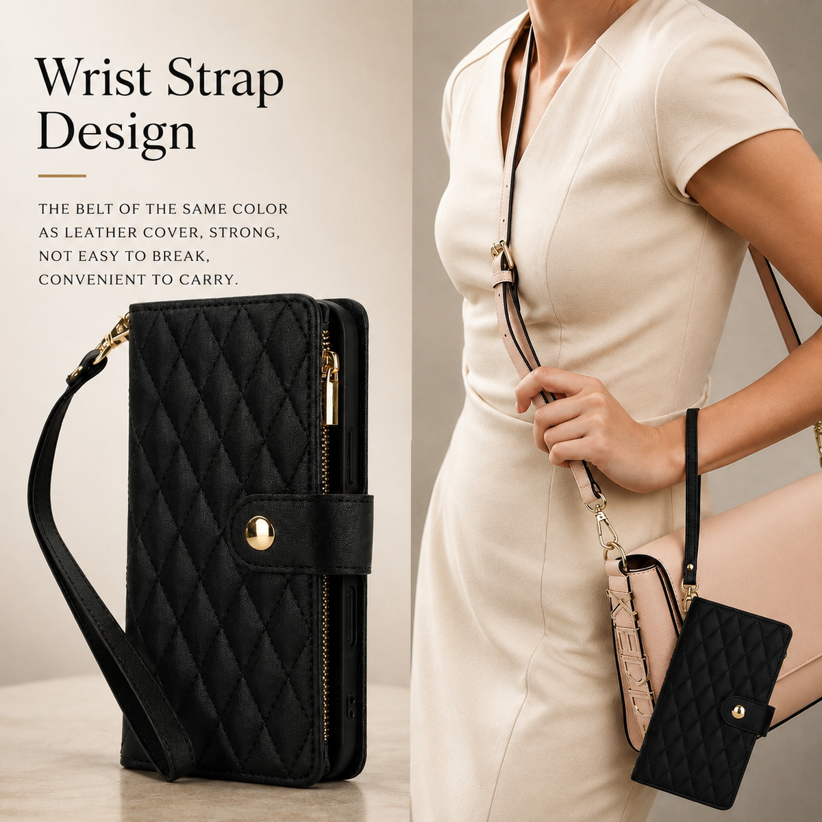 Premium iPhone Case Chain Zipper Wallet Flip Cover Card Holder Magnetic Closure Shockproof Leather Protection Kickstand Crossbody Strap Slim Design