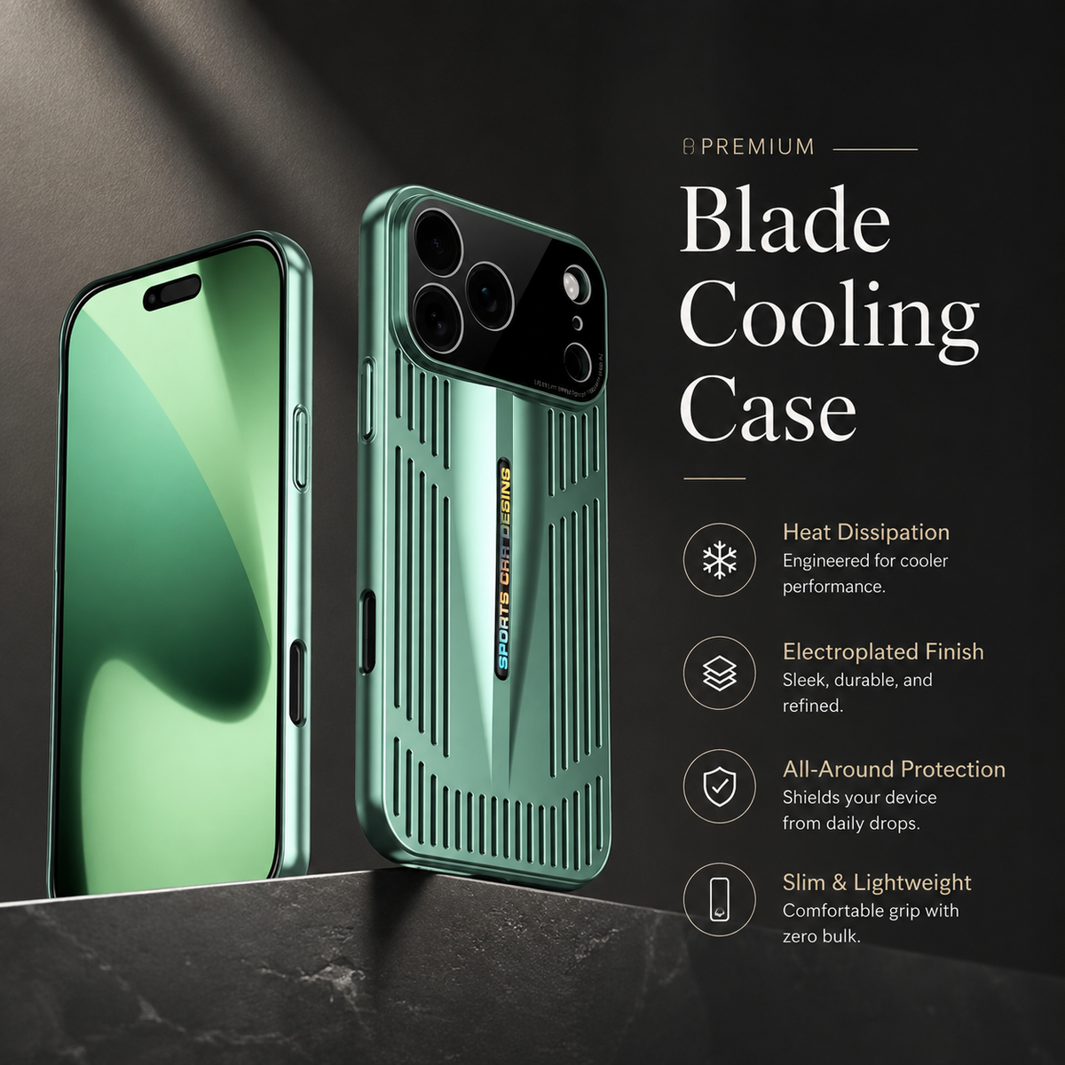 Premium iPhone Case Cooling Shockproof PC TPU Protective Cover Heat Dissipation Anti Scratch Anti Fingerprint Non Slip Water Resistant Plated Slim Case