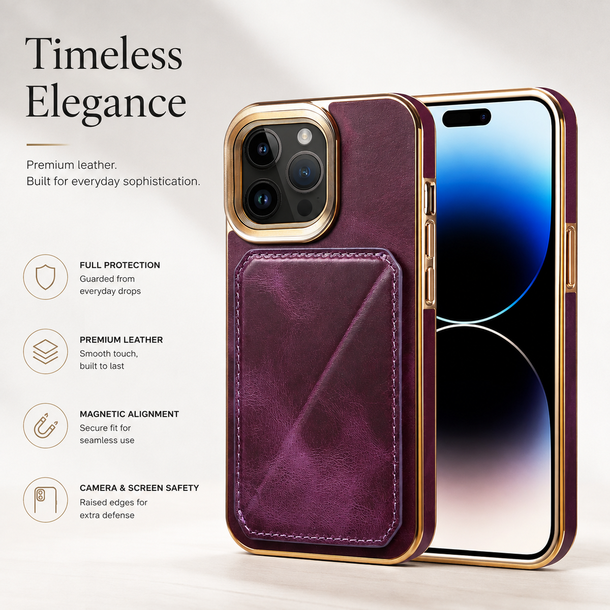 Premium iPhone Case Cowhide Leather Wallet Magnetic Card Holder Plating Frame Shockproof Protective Cover Camera Lens Protection Full Body Slim Design