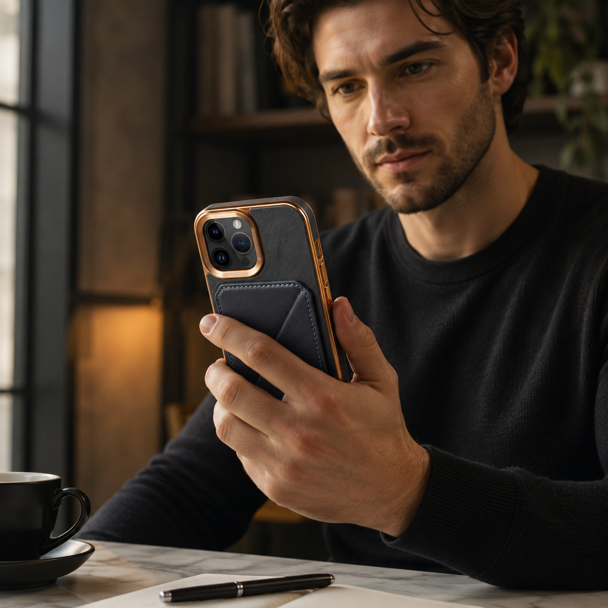 Premium iPhone Case Cowhide Leather Wallet Magnetic Card Holder Plating Frame Shockproof Protective Cover Camera Lens Protection Full Body Slim Design