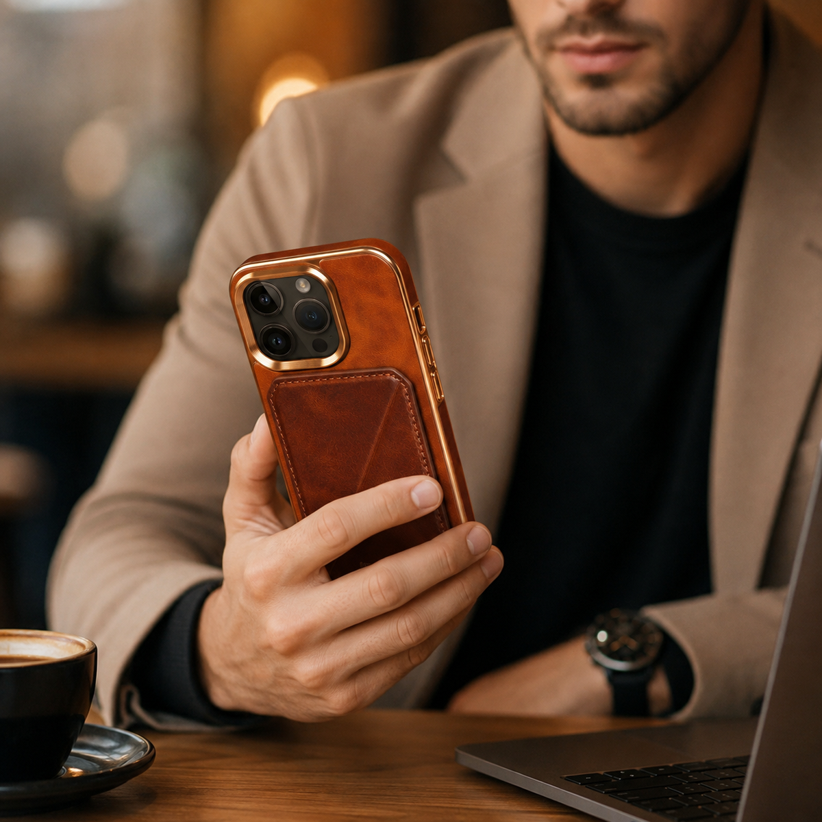 Premium iPhone Case Cowhide Leather Wallet Magnetic Card Holder Plating Frame Shockproof Protective Cover Camera Lens Protection Full Body Slim Design