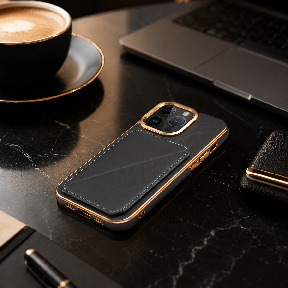 Premium iPhone Case Cowhide Leather Wallet Magnetic Card Holder Plating Frame Shockproof Protective Cover Camera Lens Protection Full Body Slim Design