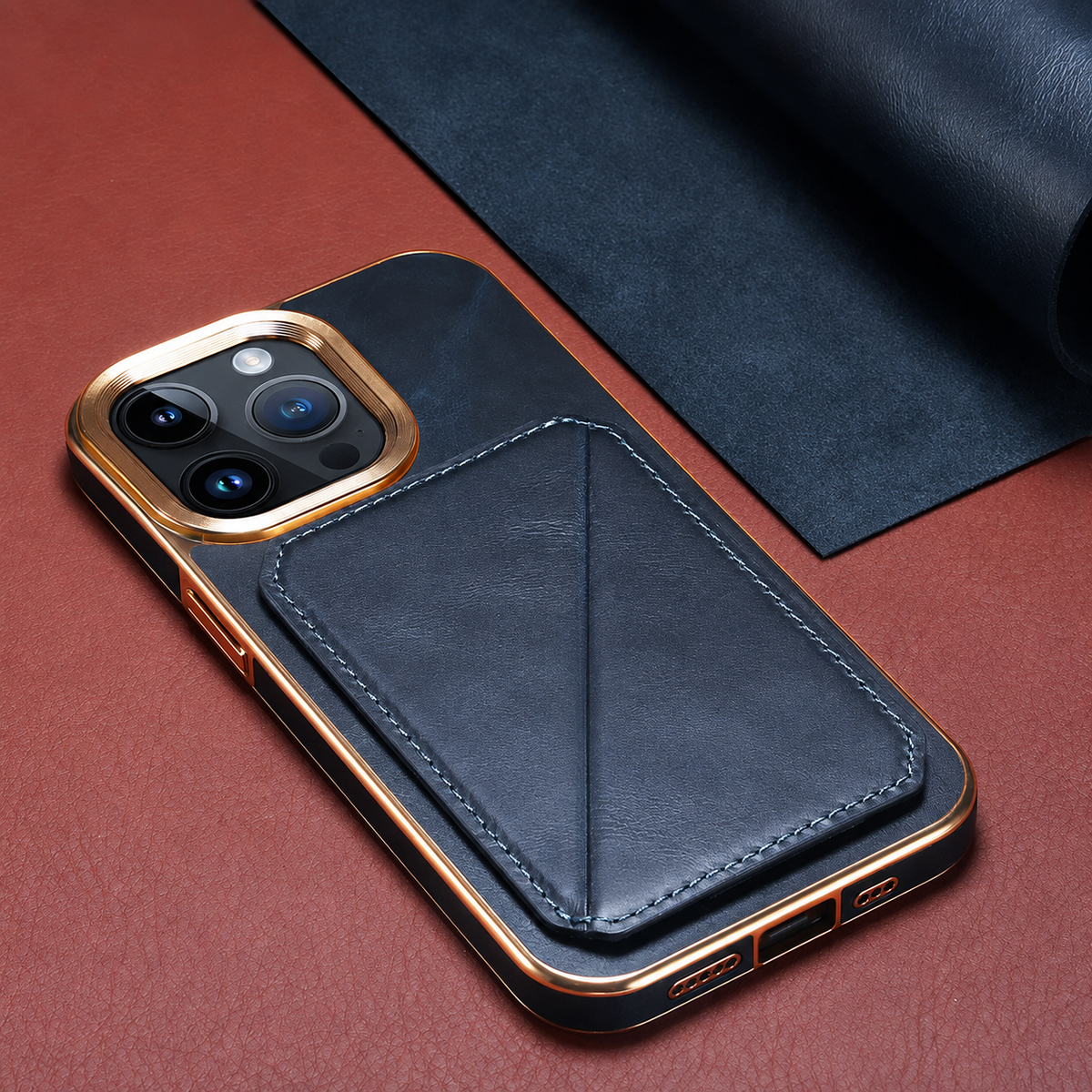 Premium iPhone Case Cowhide Leather Wallet Magnetic Card Holder Plating Frame Shockproof Protective Cover Camera Lens Protection Full Body Slim Design