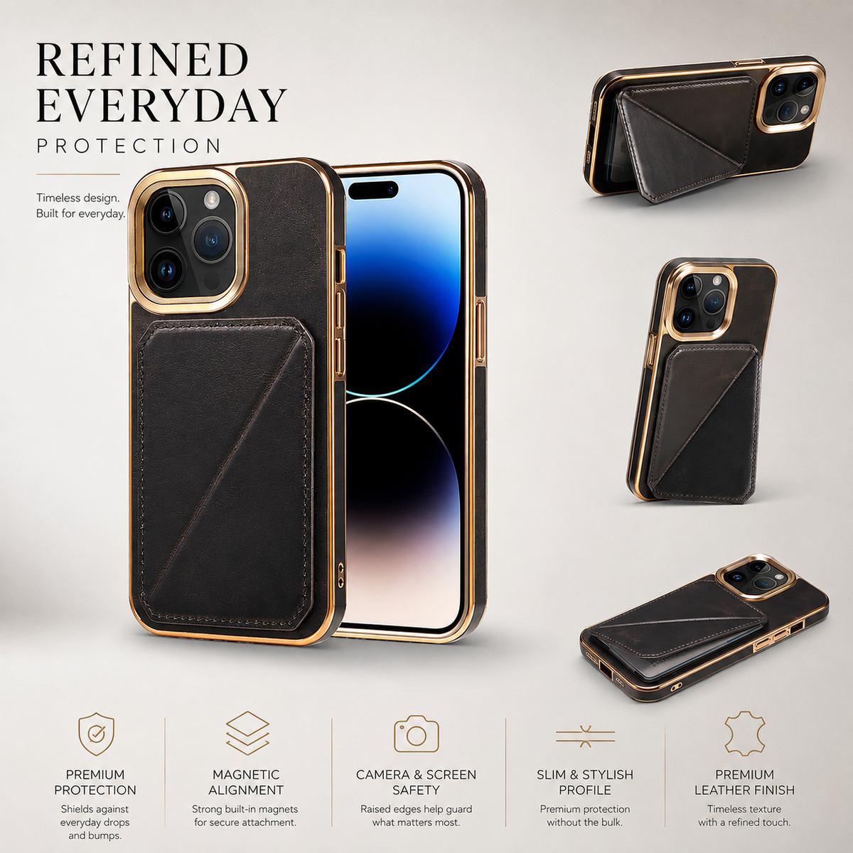 Premium iPhone Case Cowhide Leather Wallet Magnetic Card Holder Plating Frame Shockproof Protective Cover Camera Lens Protection Full Body Slim Design