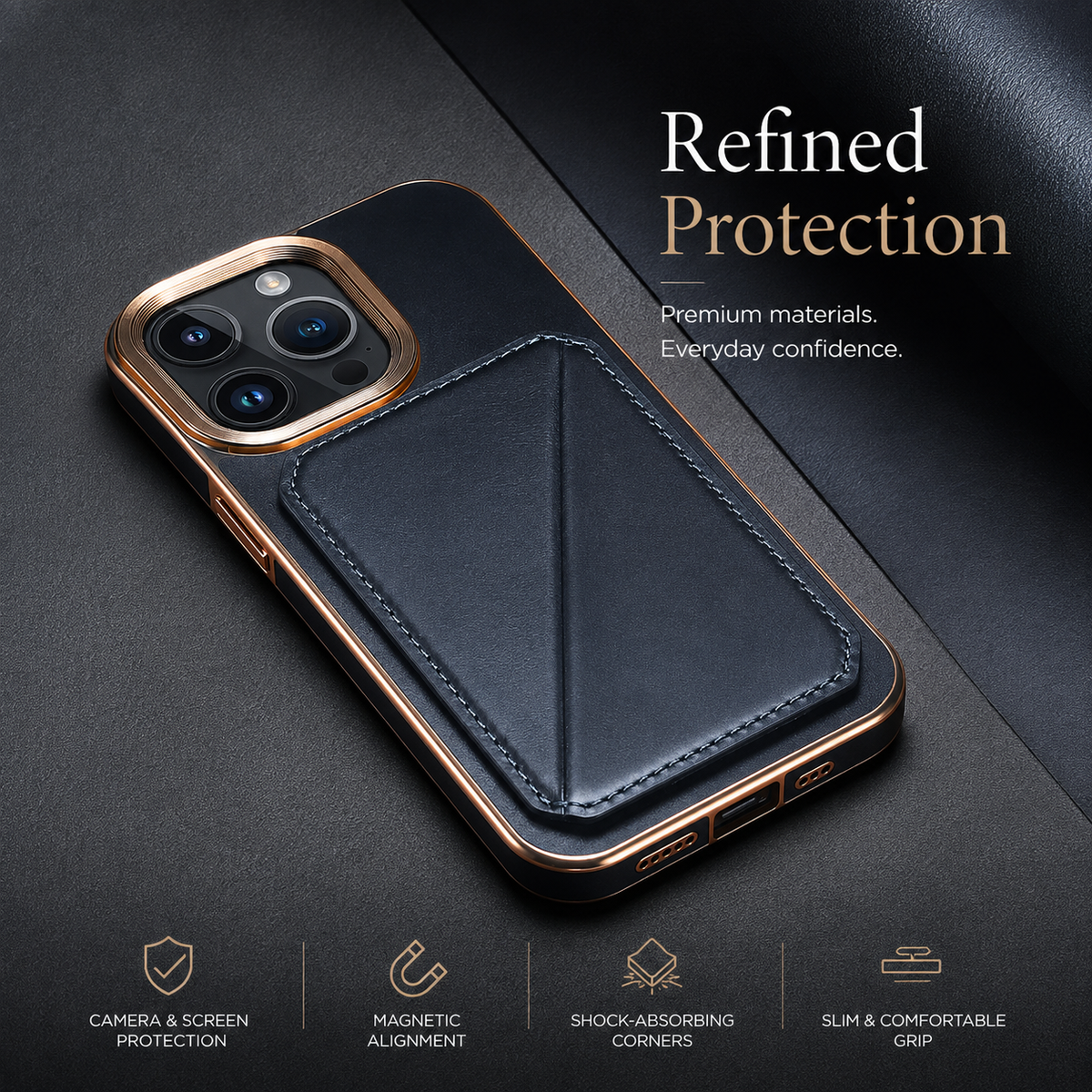 Premium iPhone Case Cowhide Leather Wallet Magnetic Card Holder Plating Frame Shockproof Protective Cover Camera Lens Protection Full Body Slim Design