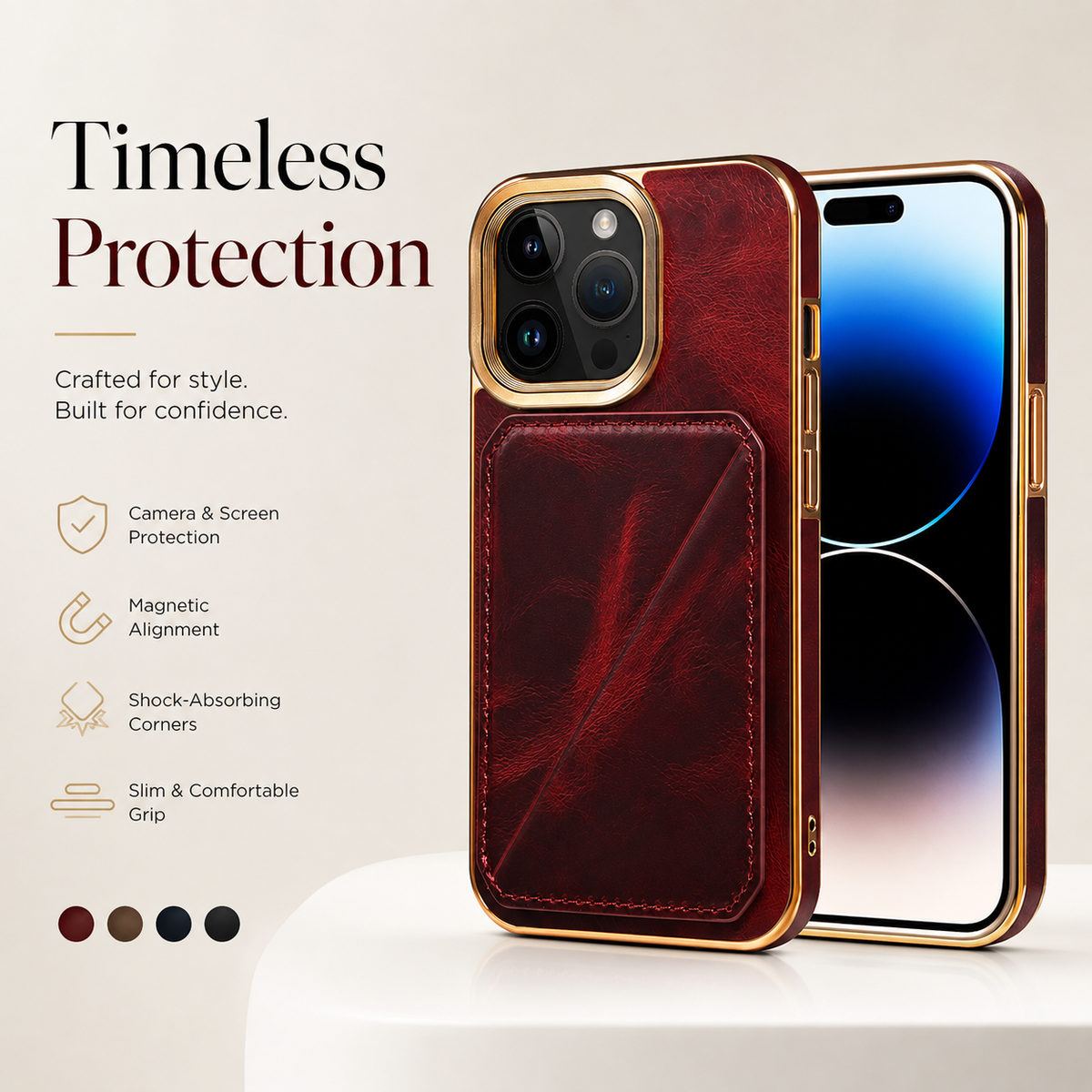 Premium iPhone Case Cowhide Leather Wallet Magnetic Card Holder Plating Frame Shockproof Protective Cover Camera Lens Protection Full Body Slim Design