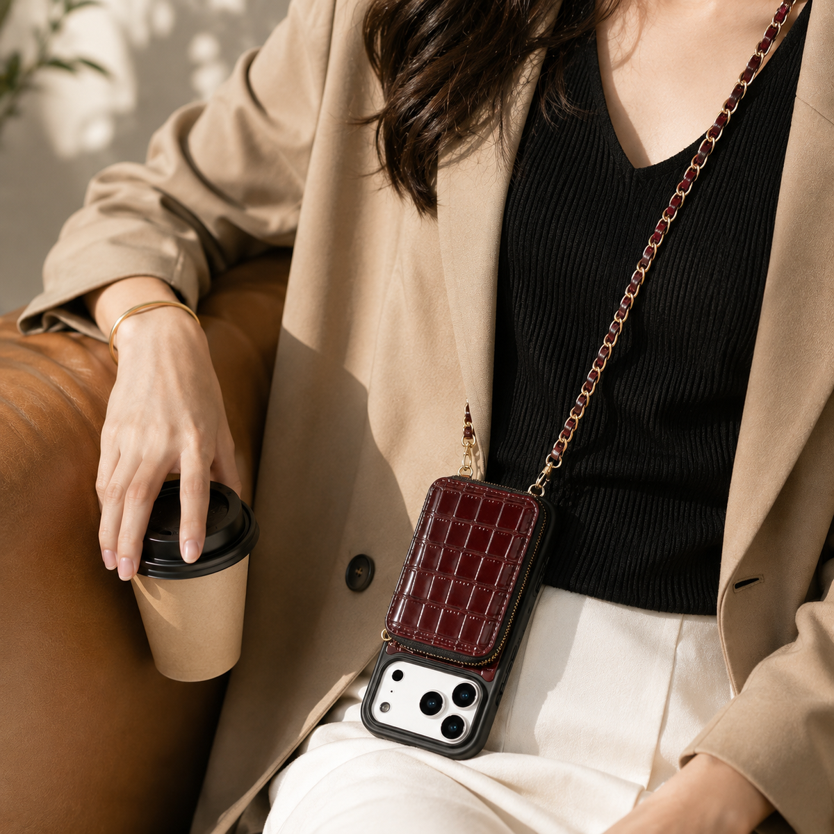 Premium iPhone Case Crocodile Pattern Crossbody Wallet Cover Soft Leather Card Holder Lanyard Anti Fingerprint Slim Protective Design