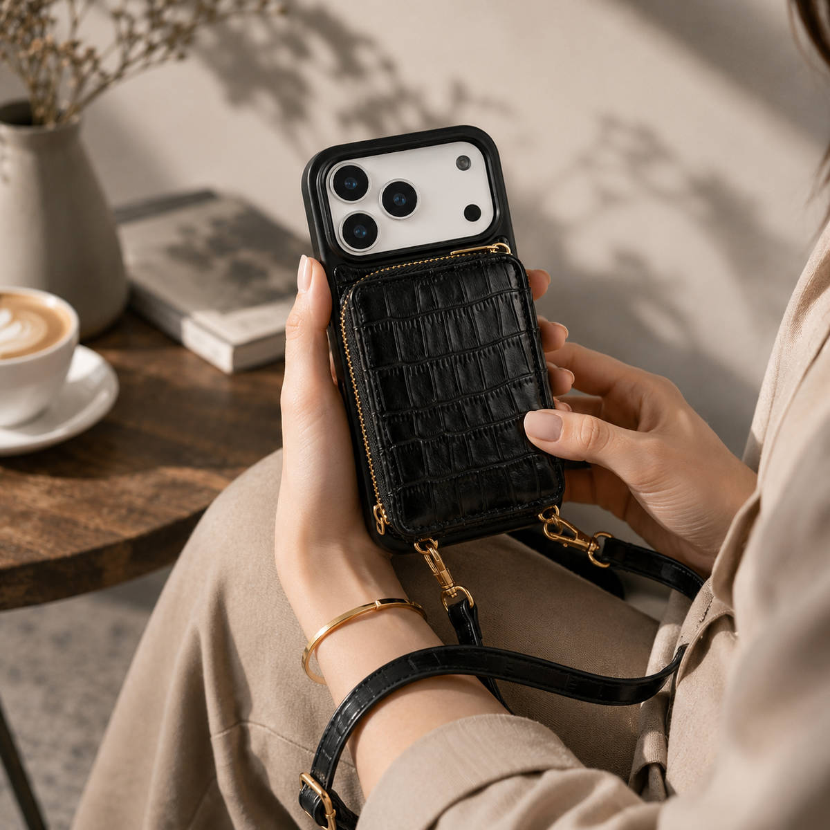 Premium iPhone Case Crocodile Pattern Crossbody Wallet Cover Soft Leather Card Holder Lanyard Anti Fingerprint Slim Protective Design