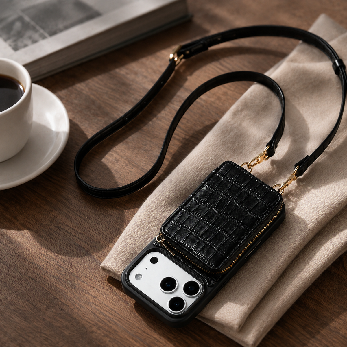 Premium iPhone Case Crocodile Pattern Crossbody Wallet Cover Soft Leather Card Holder Lanyard Anti Fingerprint Slim Protective Design