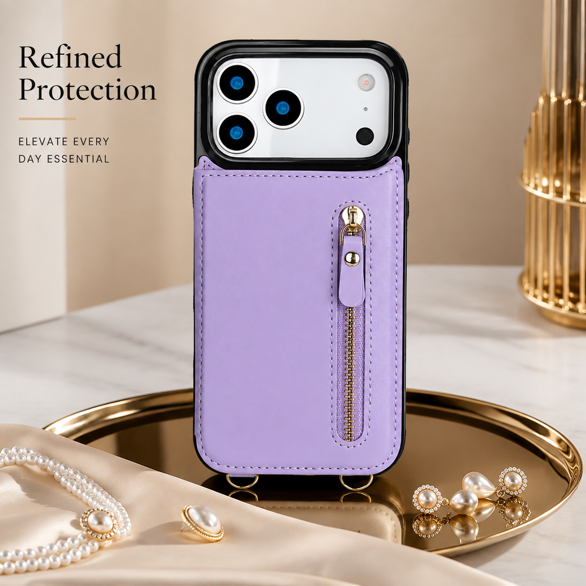 Premium iPhone Case Crossbody Leather Wallet RFID Card Holder Zipper Lanyard Strap Shockproof Anti Fingerprint Protective Cover Full Access Slim Carry