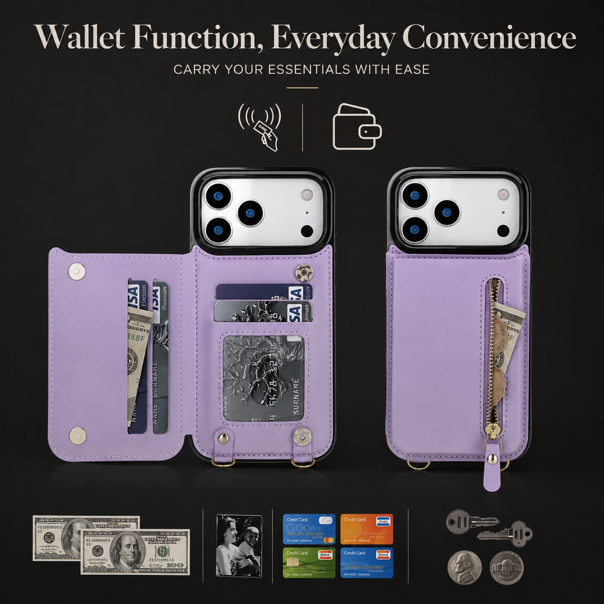 Premium iPhone Case Crossbody Leather Wallet RFID Card Holder Zipper Lanyard Strap Shockproof Anti Fingerprint Protective Cover Full Access Slim Carry